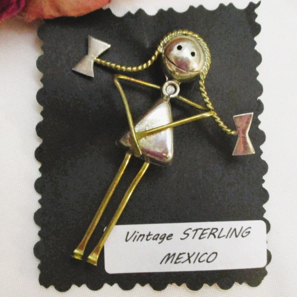 VINTAGE Sterling Silver Girl Brooch: Handcrafted 925 Mexico Figural Pin